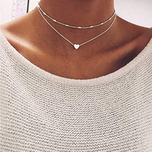 Layered Copper Choker Necklace with Heart Pendant (Silver)