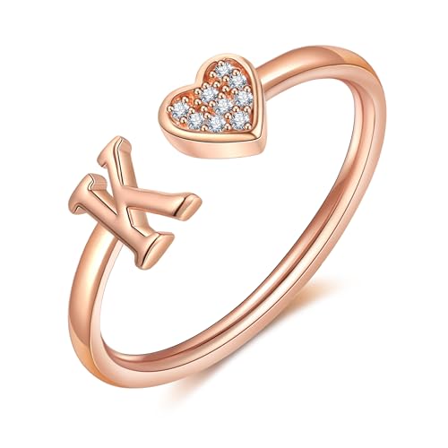 Rose Gold Heart Initial Rings for Women - WFYOU
