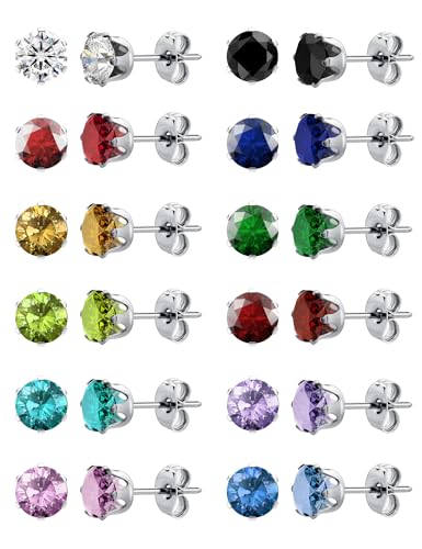 12 Pairs Silver CZ Stud Earrings Set