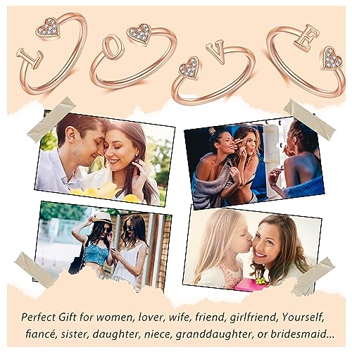 Rose Gold Heart Initial Rings for Women - WFYOU