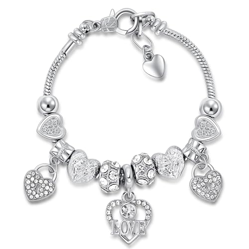 KaGrbves Heart Glass Beads CZ Charm Bracelet