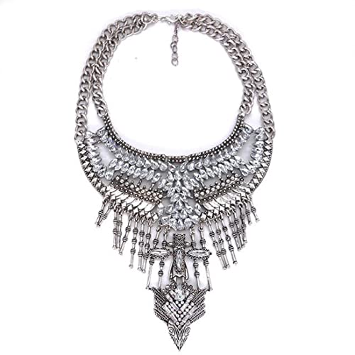 Boho Coin Tassel Statement Necklace - Silver (Style 4)