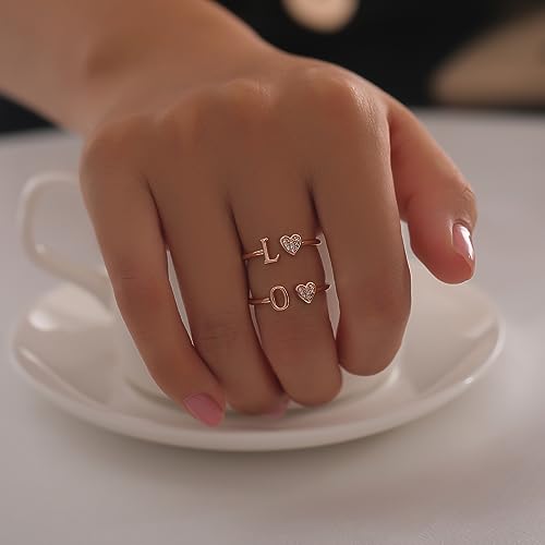 Rose Gold Heart Initial Rings for Women - WFYOU