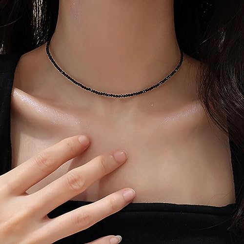 Black Spinel Beaded Choker Necklace - Natural, Trendy