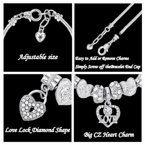 KaGrbves Heart Glass Beads CZ Charm Bracelet