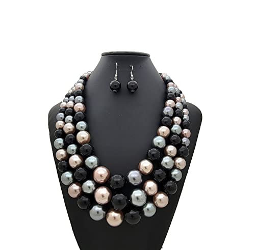Black Mix Tone Pearl Necklace Earrings Set - Women's