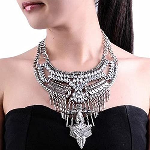 Boho Coin Tassel Statement Necklace - Silver (Style 4)