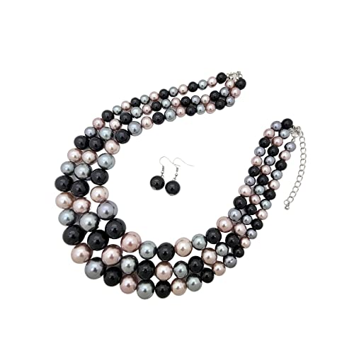 Black Mix Tone Pearl Necklace Earrings Set - Women's