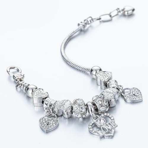 KaGrbves Heart Glass Beads CZ Charm Bracelet