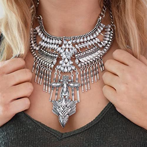Boho Coin Tassel Statement Necklace - Silver (Style 4)