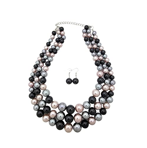 Black Mix Tone Pearl Necklace Earrings Set - Women's