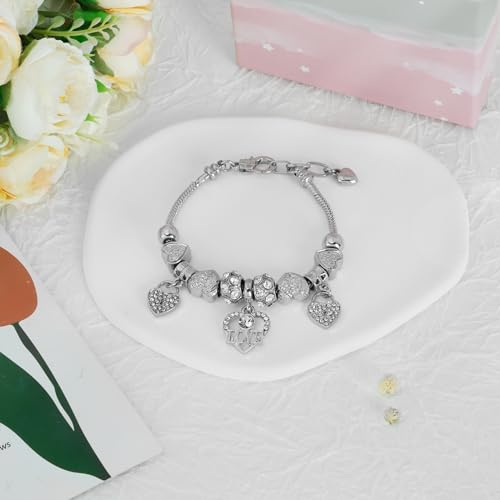 KaGrbves Heart Glass Beads CZ Charm Bracelet