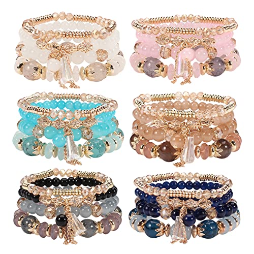 Bohemian Multicolor Bead Stretch Bracelet Set 6-Pack for Women