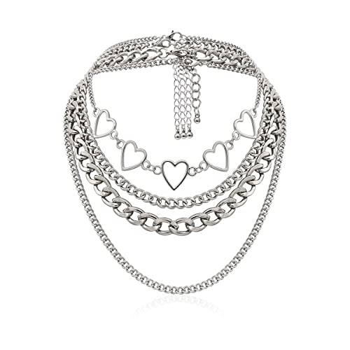 Heart Necklace Lolita Choker Layered Chain - Silver
