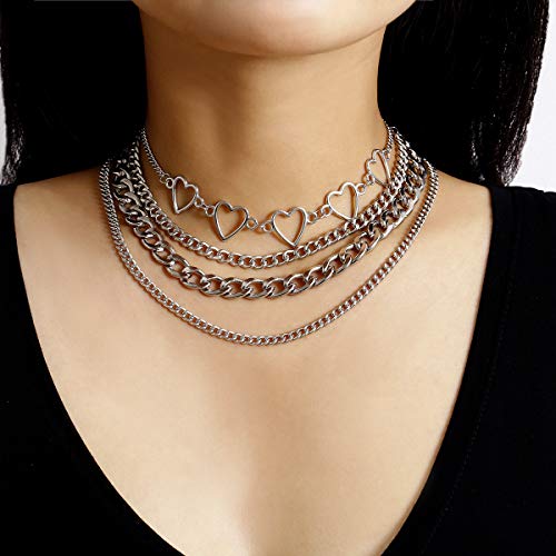 Heart Necklace Lolita Choker Layered Chain - Silver