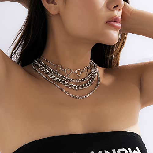 Heart Necklace Lolita Choker Layered Chain - Silver