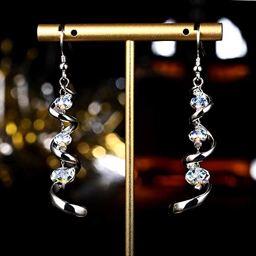 925 Silver Crystal Eardrop Dangle Earrings Spiral Ribbon