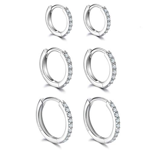 White Gold Plated CZ Hoop Earrings Set, 3 Pairs