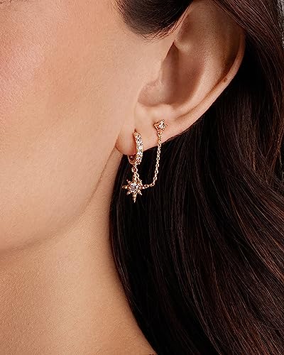 White Gold Star Dangle Huggie Chain earrings Women