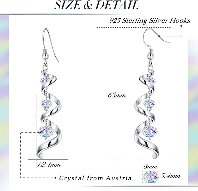 925 Silver Crystal Eardrop Dangle Earrings Spiral Ribbon