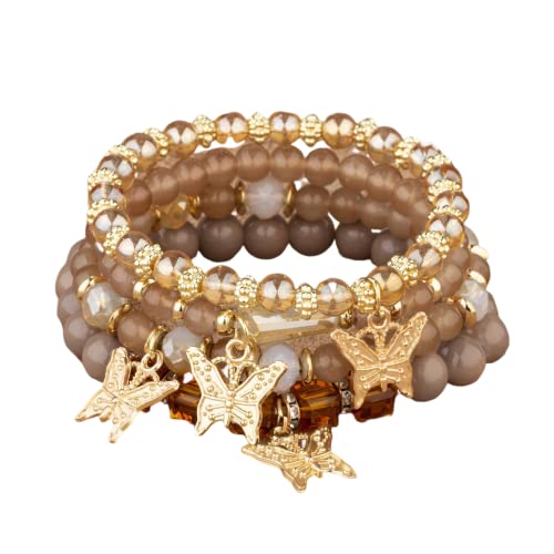 Boho Butterfly Charm Gold Beaded Stackable Bracelet Set