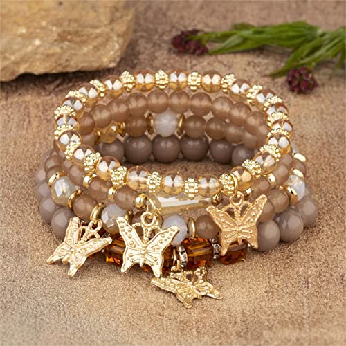 Boho Butterfly Charm Gold Beaded Stackable Bracelet Set