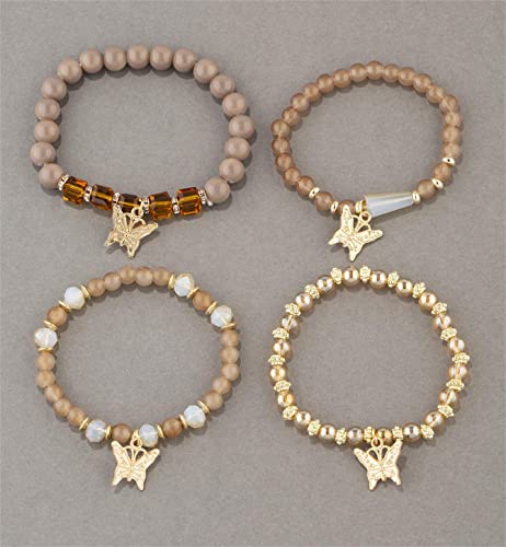 Boho Butterfly Charm Gold Beaded Stackable Bracelet Set