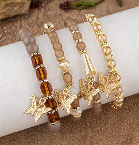 Boho Butterfly Charm Gold Beaded Stackable Bracelet Set