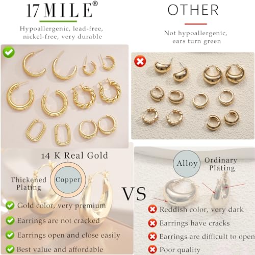 6 Pairs Gold Plated Hypoallergenic Hoop Earrings Gift