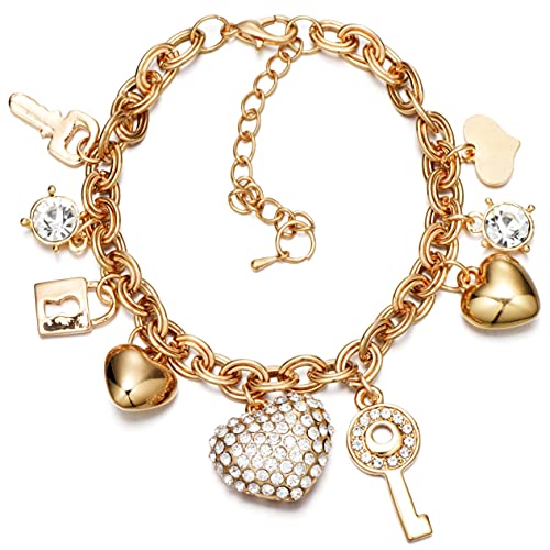 Gold Love Locked Chain Link Bracelet with Charms