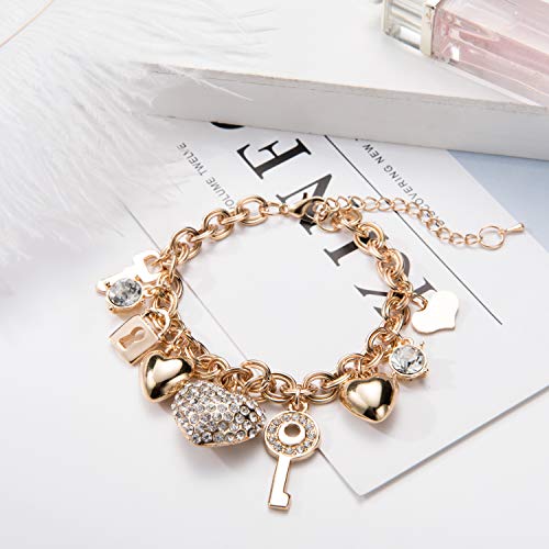 Gold Love Locked Chain Link Bracelet with Charms