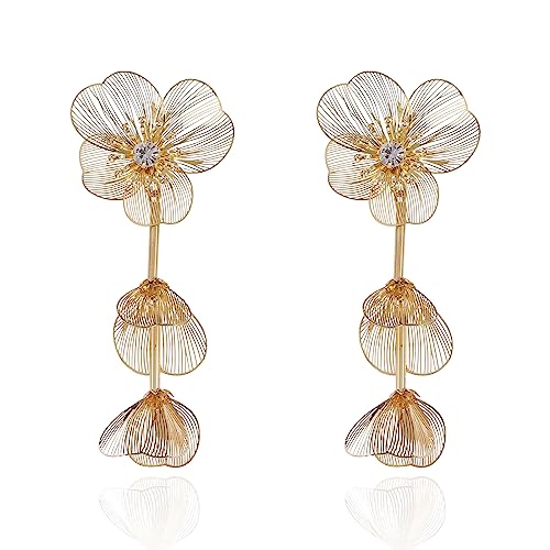 Boho Wire Floral Dangle Earrings - CZ Gold Layered