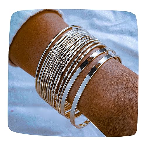 Set of 14 Silver Bangle Bracelets - Boho Style