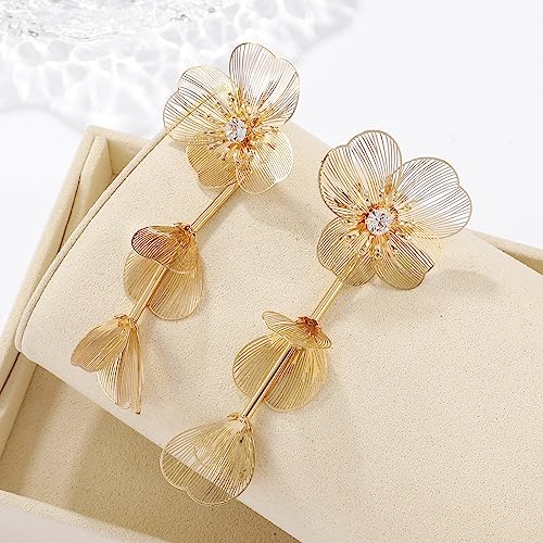 Boho Wire Floral Dangle Earrings - CZ Gold Layered