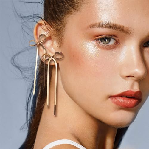 Elegant Gold Bow Dangle Tassel Earrings for Women
