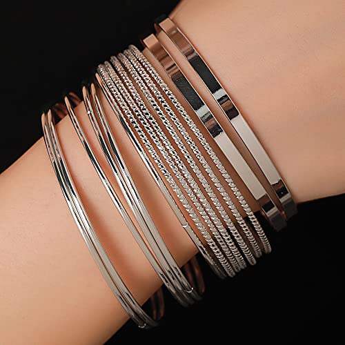Set of 14 Silver Bangle Bracelets - Boho Style