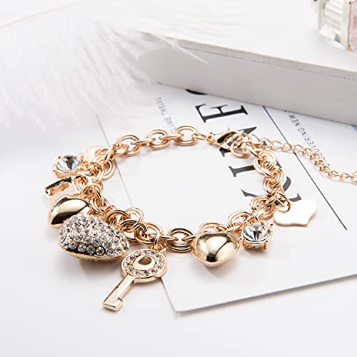 Gold Love Locked Chain Link Bracelet with Charms