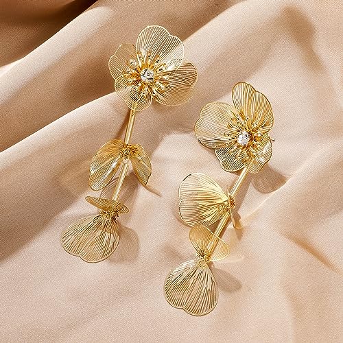 Boho Wire Floral Dangle Earrings - CZ Gold Layered
