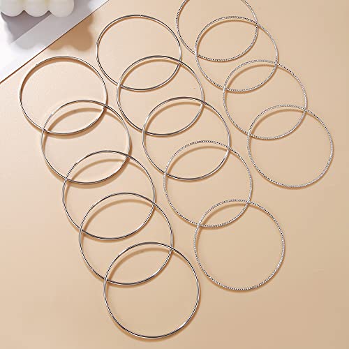 Set of 14 Silver Bangle Bracelets - Boho Style