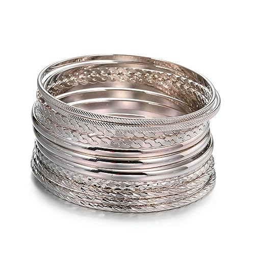 Textured Bohemian Stackable Bangle Bracelet Set - Silver