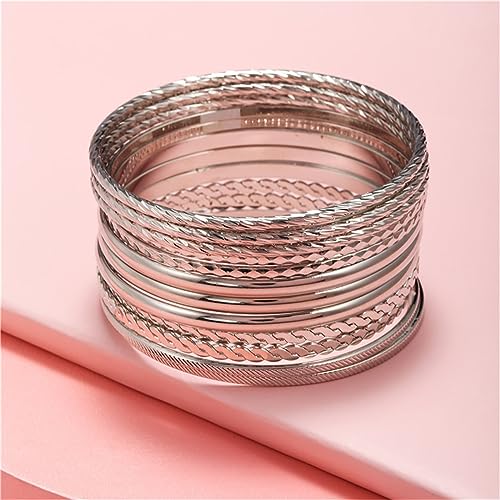 Textured Bohemian Stackable Bangle Bracelet Set - Silver