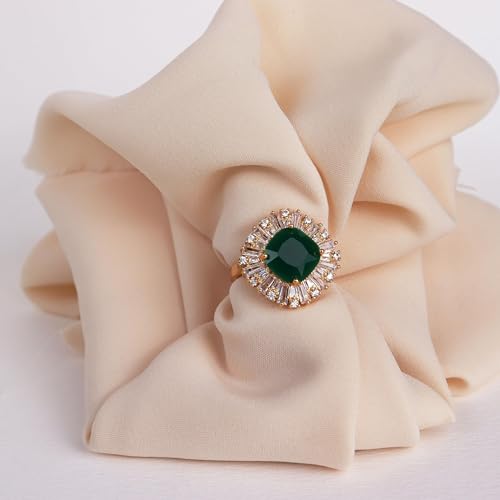 Emerald Green Rhinestone Statement Gold Adjustable Ring Women