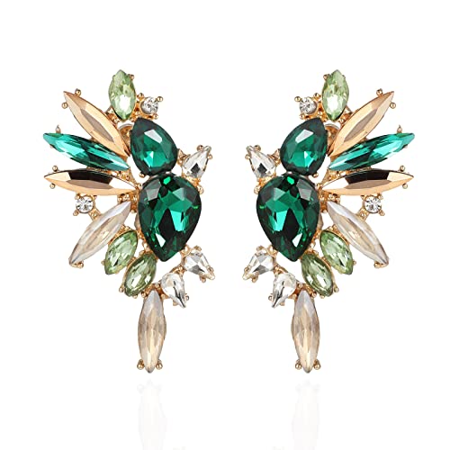 Green Gold Rhinestone Statement Earrings - Retro Vintage