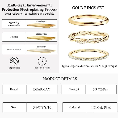 DEARMAY Cubic Zirconia Gold Rings Set - Size 8