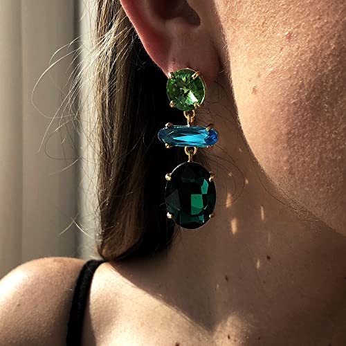 Colorful Rhinestone Drop Earrings Green Blue Cube Crystal