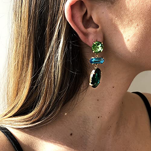 Colorful Rhinestone Drop Earrings Green Blue Cube Crystal