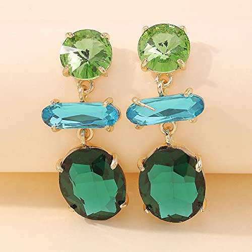 Colorful Rhinestone Drop Earrings Green Blue Cube Crystal