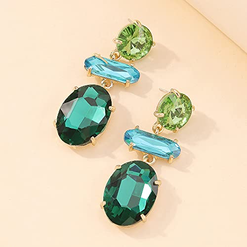 Colorful Rhinestone Drop Earrings Green Blue Cube Crystal