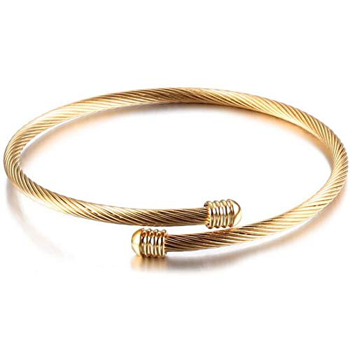 Gold Stainless Steel Cable Bangle Bracelet - Adjustable