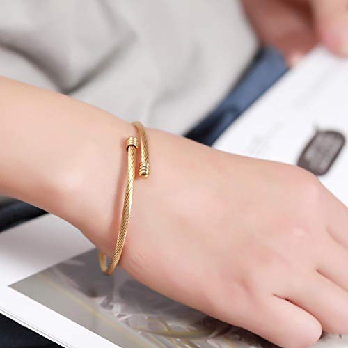 Gold Stainless Steel Cable Bangle Bracelet - Adjustable